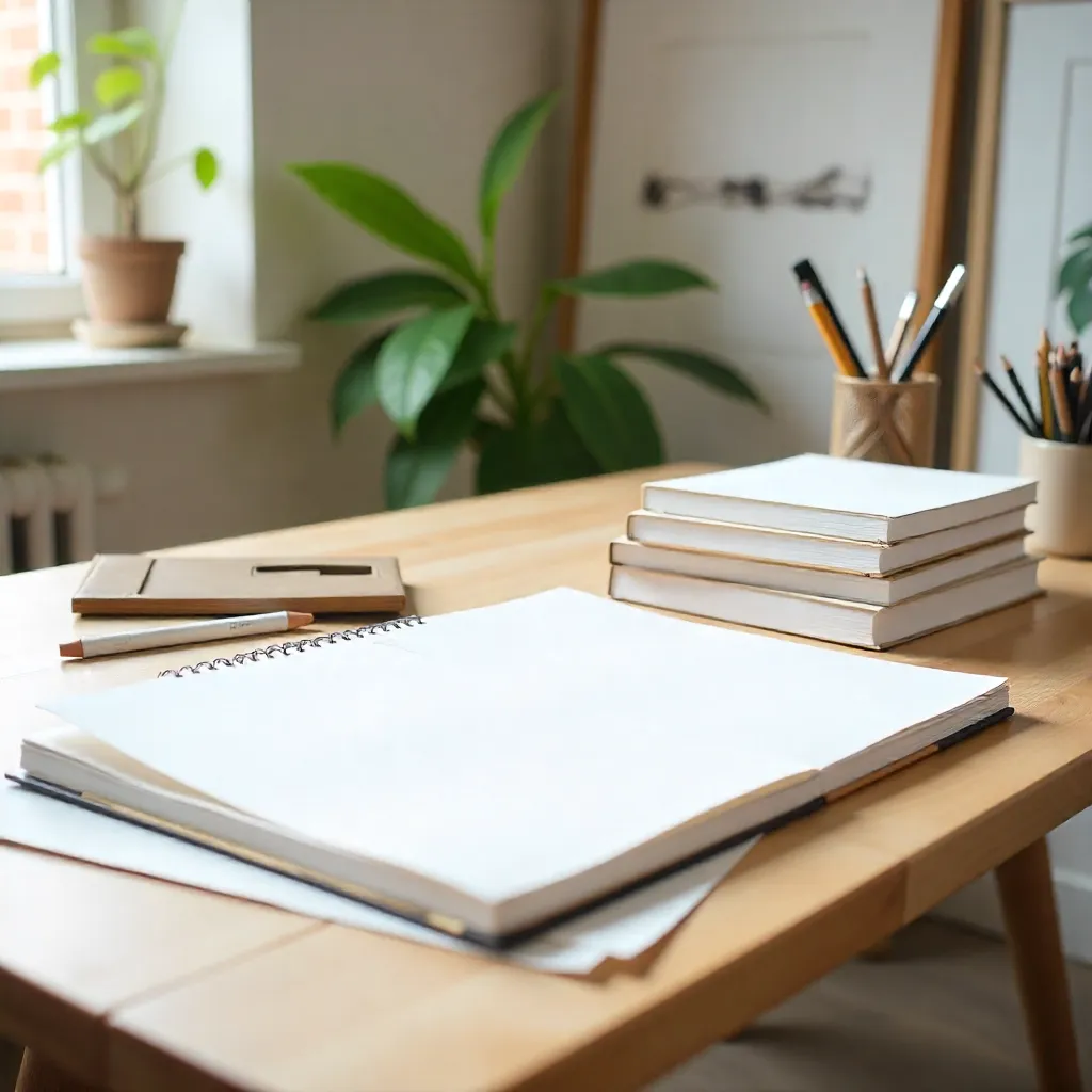 Artist workspace with open sketchbook and drawing tools