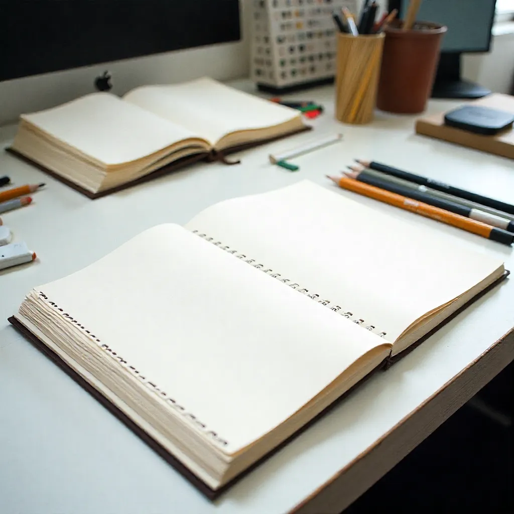 Detailed pencil sketches in open sketchbook